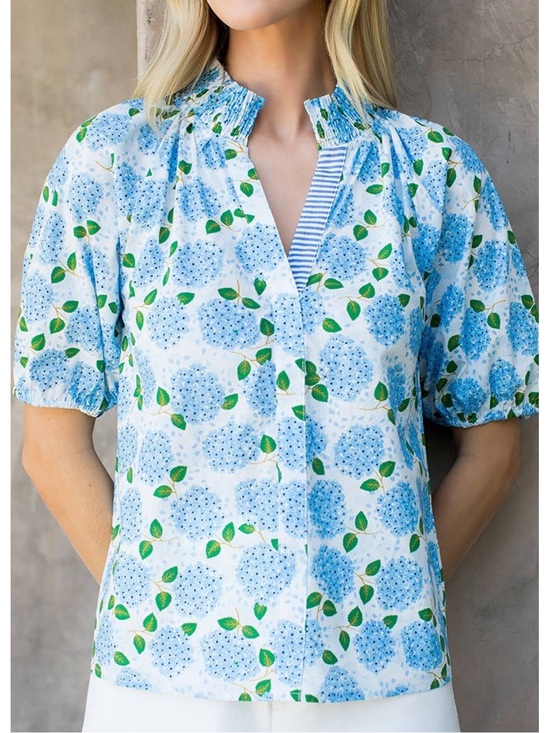 THML Tops - Blue Hydrangea Short-Sleeve Smocked Neck Top